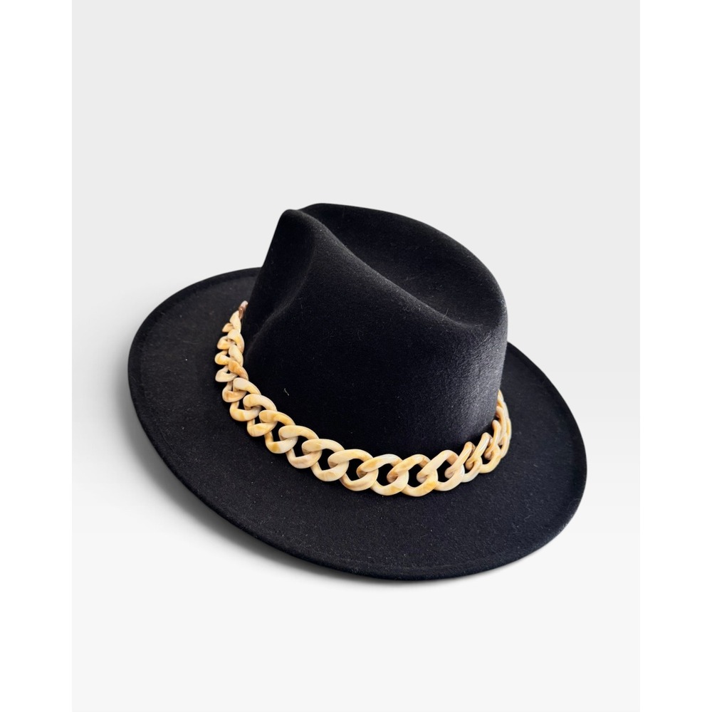 Kendall + Kylie Black Fedora Hat Tortoise Chain Wide Brim Red Lining One Size